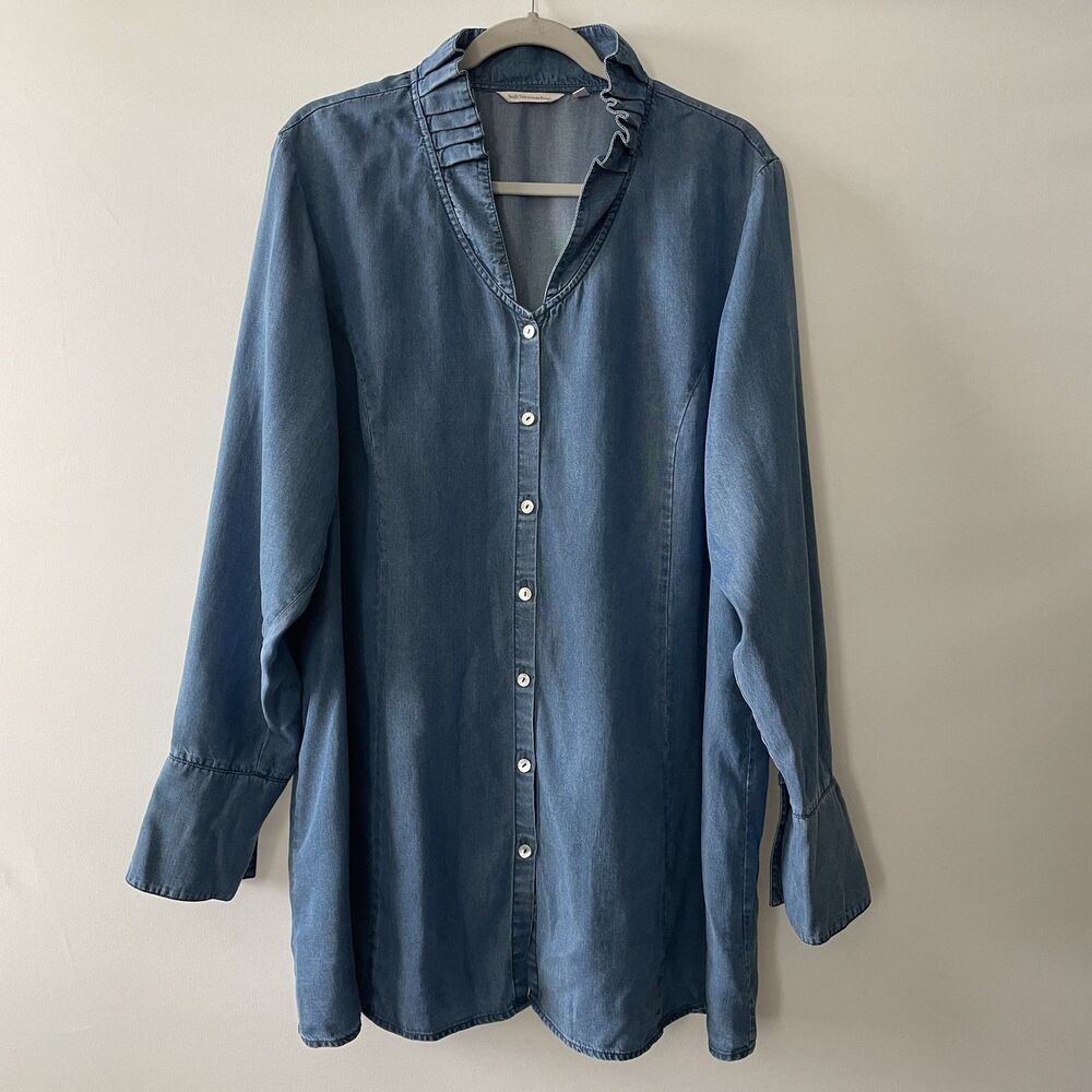 Soft Surroundings Chambray Tunic Blouse Ruffle Collar Blue Plus Size 2X